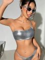 SHEIN Swim Y2GLAM One Shoulder Metallic Silver Swimsuit Top