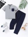 SHEIN Kids EVRYDAY Boys' Pocket Panel Color Block Top And Pants Casual 2pcs Outfit