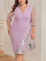 SHEIN Clasi Women's Plus Size Sheer Mesh Sleeve Sequin Patchwork Dress