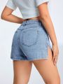 Water Washed Denim Shorts With Side Slit Detail