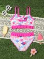 Little Girls' Halter Neck Plant Print Swimsuit Set With Ruffle Hem