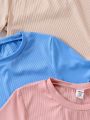 SHEIN Kids SUNSHNE 4pcs/Set Girls' Solid Color Ribbed Knit Casual T-Shirts