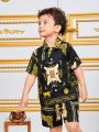 SHEIN Kids FANZEY Young Boys' Baroque Printed Shirt And Shorts Set