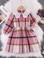 SHEIN Kids QTFun Little Girls' Lovely Pink Plaid Doll Collar Long Sleeve Dress For Autumn