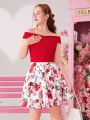 SHEIN Teen Girls' Knit Solid Color Crossed Off Shoulder T-shirt With Floral Print Skirt 2pcs/set