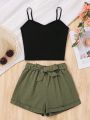 SHEIN Teen Girls' Knitted Ribbed Camisole Vest And Woven Shorts Casual 2pcs/Set