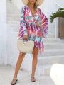 SHEIN Swim BohoFeel Random Tie Dye Deep V-Neck Asymmetrical Hem Cover Up Dress