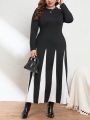 SHEIN Privé Plus Size Women's Color Collision Splice Long Sleeve Dress