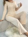 Women's Faux-Button Decoration Long Sleeve And Pants Home Suit