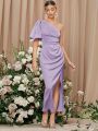 SHEIN Solid One Shoulder Lantern Sleeve Split Thigh Bridesmaid Dress