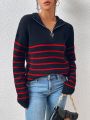 Striped Drop Shoulder Zipper Front Sweater