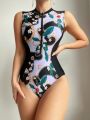 SHEIN Swim SPRTY Women's Chain Botanical Print One Piece Swimsuit