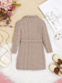 SHEIN Baby Girls' Casual Knit High Neck Long Sleeve Belted Dress