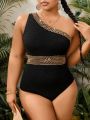 SHEIN Swim Vcay Plus Size Women's One Shoulder Spliced Woven Tape One-Piece Swimsuit