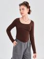 SHEIN Teenage Girls' Knitted Solid Color U Neck Long Sleeve T-shirt 3pcs/set