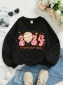 Big Girls' Casual Slogan Print Long Sleeve Round Neck Fleece Sweatshirt, Suitable For Autumn And Winter