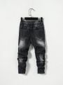 SHEIN Toddler Boys' Casual Mid-waist Ripped Skinny Jeans With Irregular Cut-outs