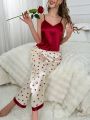 Solid Color Satin Cami Top And Heart Printed Long Pants Pajamas Set