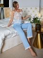 Sheer Lace Tie Front Ruffle Hem PJ Set