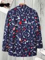 Men's Plus Size Christmas Printed Button Front Shirt