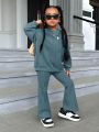 SHEIN Little Girls' Casual Solid Hoodie And Pants Set