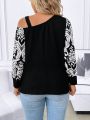 SHEIN LUNE Plus Plants Print Asymmetrical Neck Rib-knit Top