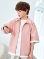 SHEIN Kids KDOMO Tween Boy Casual Color Block Sleeves Button Down Loose Fit Shirt