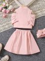 SHEIN Kids Nujoom Young Girl's Top And Skirt Set, Decorated With Rhinestone And Bow