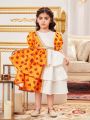 SHEIN Kids Nujoom Young Girls' Flower Printed Patchwork Layered Bubble Sleeves Dress With Round Neck