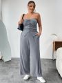 SHEIN Essnce Women's Plus Size Solid Color Pleated Button Front Bustier Top And Straight Pants Two Piece Suit