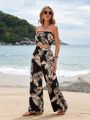 SHEIN VCAY Tropical Printed Strapless Top And Pants Two-piece Set