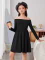 SHEIN Kids HYPEME Tween Girls' Sporty Knit & Jacquard Patchwork Off Shoulder Long Sleeve Sweater Dress