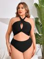 SHEIN Swim Vcay Plus Size Women's Solid Color Cross Neckline Two Piece Swimsuit Set