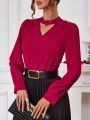 SHEIN LUNE V Neck Hollow Out Shoulder Long Sleeve Women'S Blouse