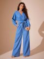 Batwing Sleeve Ruched Belted Denim Jumpsuit