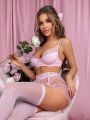 Heart Pattern Mesh Underwire Lingerie Set With 1pair Stockings