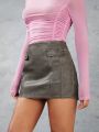 SHEIN BAE Solid Color Vintage Distressed Faux Leather Skirt With Pocket Flap Decor