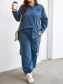 SHEIN Mulvari Plus Size Women'S Letter Print Long Sleeve Shirt And Cargo Pocketed Pants 2pcs/Set