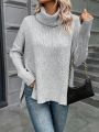 SHEIN LUNE Turtleneck Batwing Sleeve Split Hem Turtleneck Batwing Sleeve Sweater