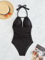 SHEIN Swim Basics Solid Color Halter Neck One Piece Swimsuit With Ruffle Detail