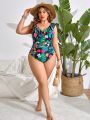 SHEIN Swim Vcay Plus Size Tropical Print One-Piece Swimsuit With Ruffled Hemline Decoration