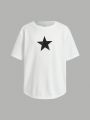 SHEIN Kids EVRYDAY Boys' Loose Fit Casual Round Neck Five-pointed Star Pattern Short-sleeved T-shirt And Cuffed Pants Set