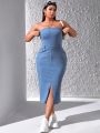 Women's Plus Size Split Front Denim Strapless Maxi Dress