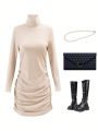 Teen Girls' Turtleneck Ribbed Knit Sweater Dress For Fall/winter