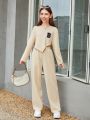 SHEIN Kids EVRYDAY Tween Girls' Knitted Solid Color Irregular Hem Sweatshirt And Loose Knitted Pants Set