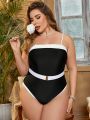 SHEIN Swim Chicsea Plus Size Women's Color Block One-Piece Swimsuit With Thin Straps