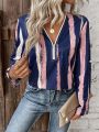 SHEIN LUNE Striped Zipper V-neck Rolled Sleeve Shirt