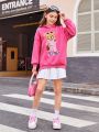 SHEIN Kids EVRYDAY Tween Girls' Knitted Loose Fit Hoodie With Bear Print