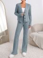 SHEIN LUNE Ribbed Knit Button Front Jacket & Flare Leg Pants