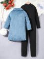 Little Girls' Turtleneck Plush Coat And Long Sleeve Jumpsuit Set